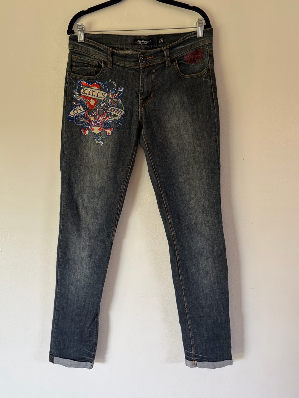 Ed Hardy Love Kills Vintage Y2K Embroideredโ Rhinestone Womenโs Jeans Size 28